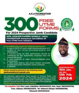 Akinjide Kazeem Akinola Egbeda/Ona-Ara Federal Constituency Education Support Taiwo Oke Free JAMB UTME 2024